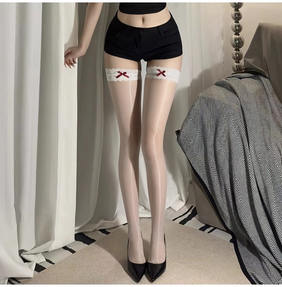 FEE ET MOI - Lace Butterfly Silky Gloss Thigh Highs Stocking (White) FEE ET MOI - Lace Butterfly Silky Gloss Thigh Highs Stocking (White)